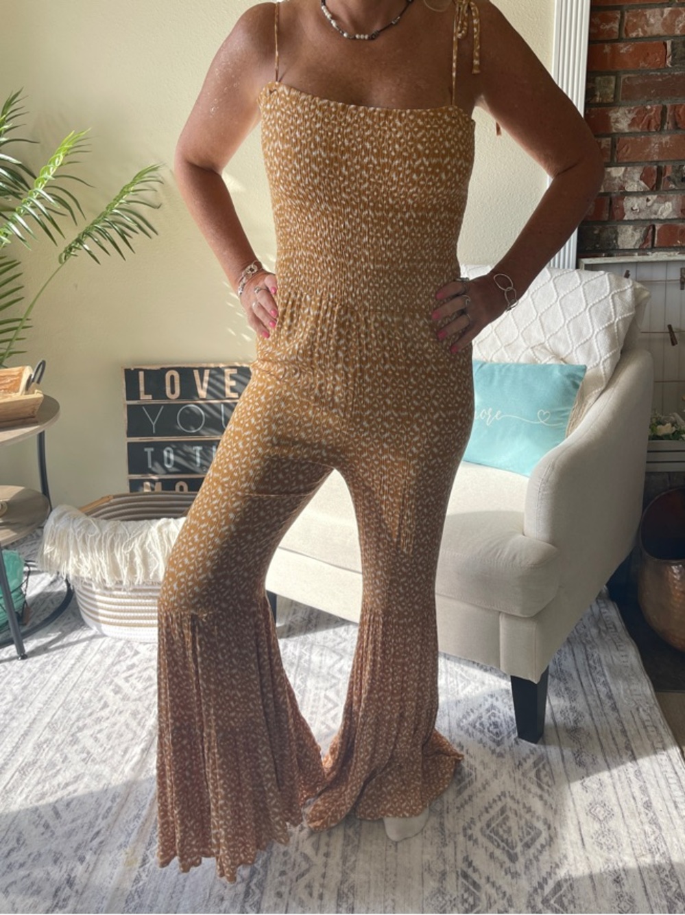 Brown Patterned Smocked Jumpsuit with Tie Straps